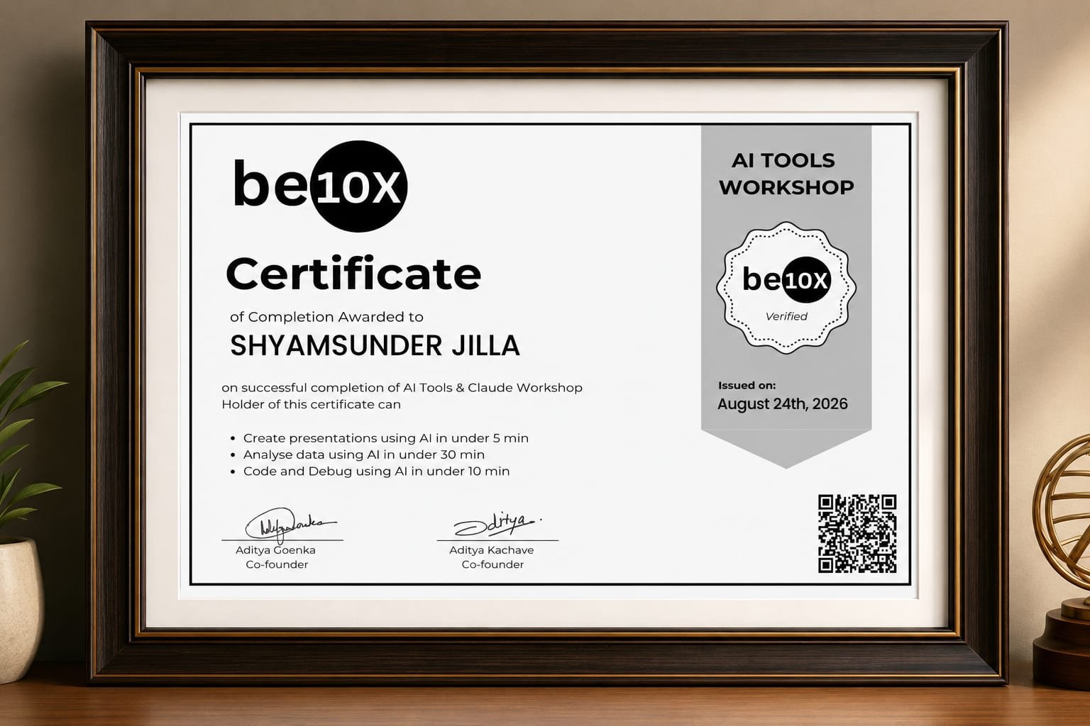 AI Tools Workshop Certificate - Shyamsunder Jilla